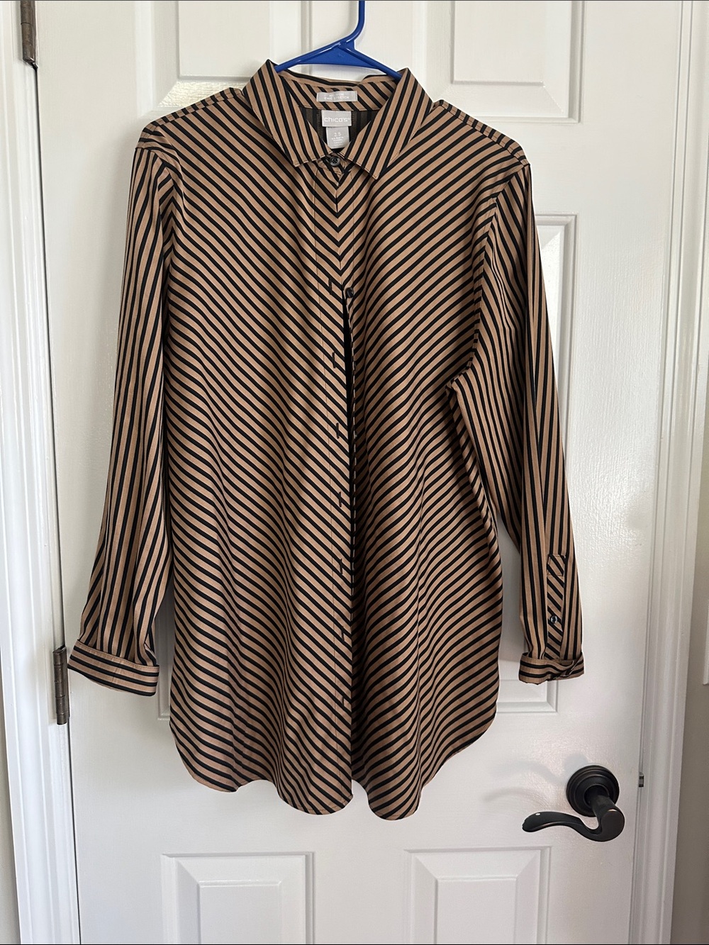 Chico's Diagonal Stripe Button-Down Shirt in Tan and Black